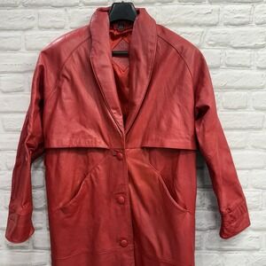 Vtg Jacqueline Ferrar Women M Red Genuine Leather Tench Coat 80's Full Length